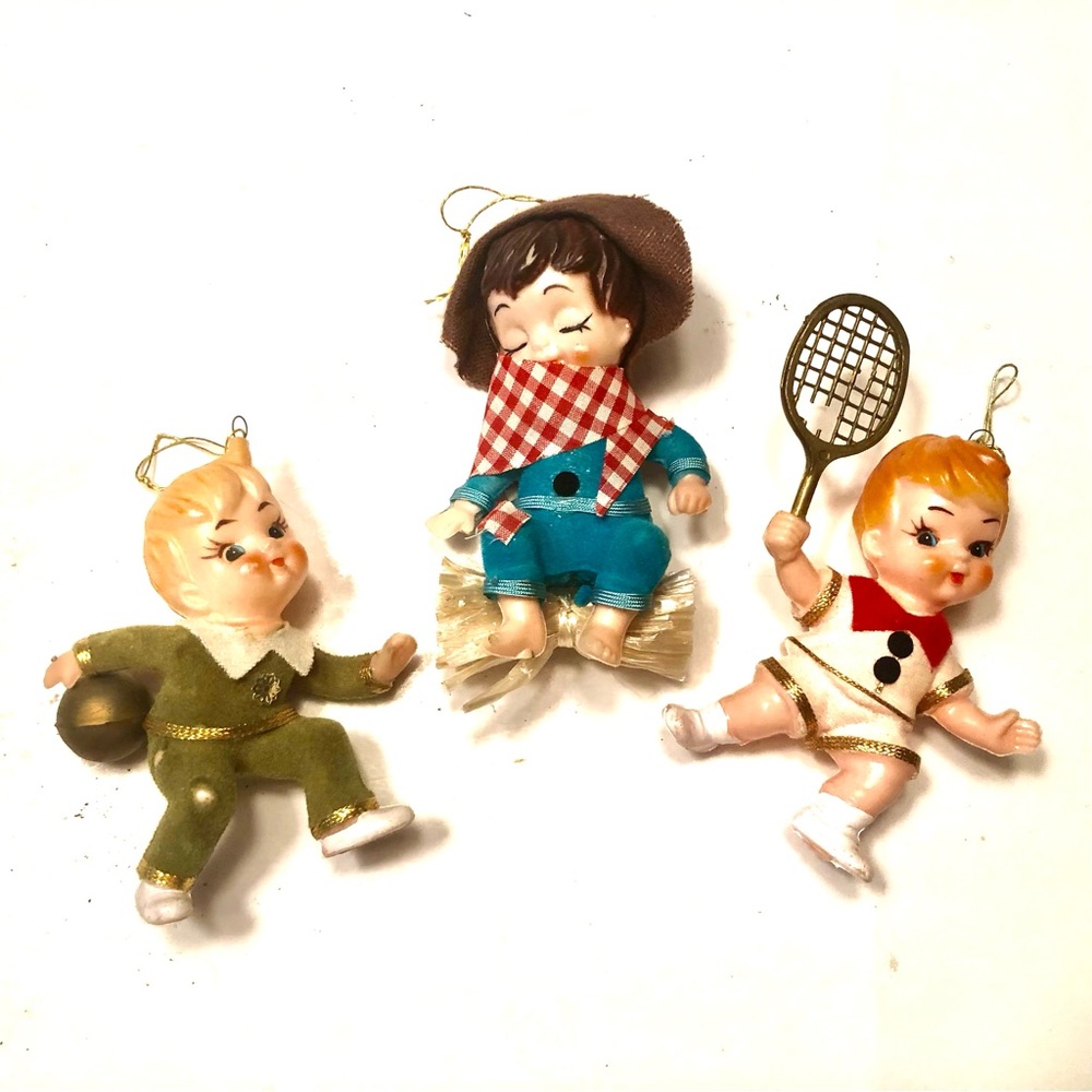 RARE Vintage 70’s SEARS Little Boy Xmas Ornaments, Bowling, Tennis & Farmer